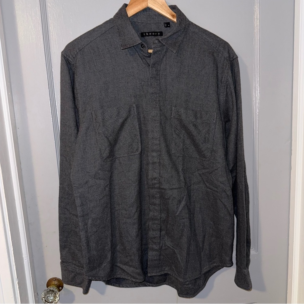 Theory Gray Herringbone Snap Button Shirt